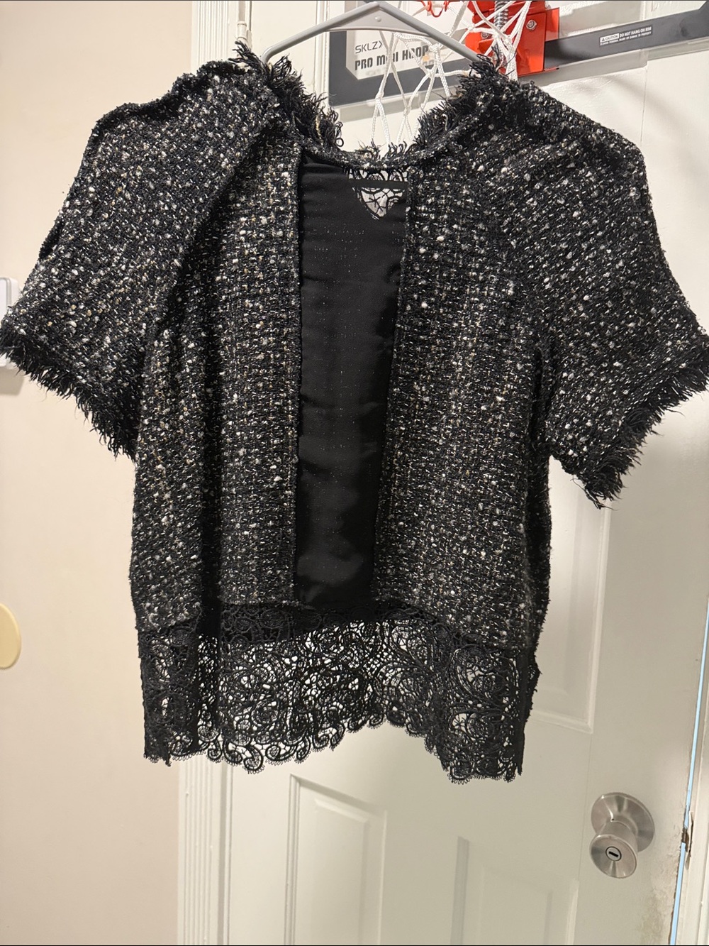 Zara Black Tweed Short-Sleeve Jacket with Lace Hem